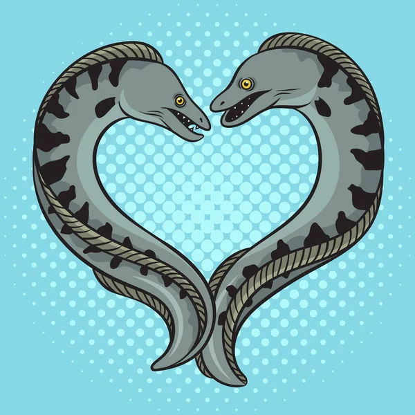 Two Moray Eels Fishes Shape Heart Pop Art Retro Vector — ストックベクタ