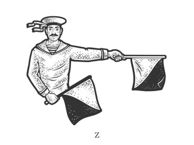 Sailor mariner show flag semaphore alphabet letter Z sketch engraving raster illustration. T-shirt apparel print design. Scratch board imitation. Black and white hand drawn image.