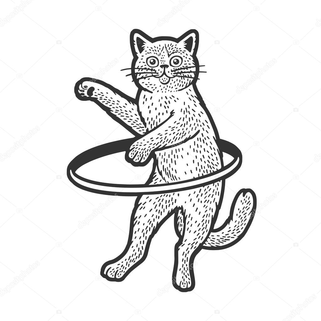 cat spins a hula hoop ring workout sketch engraving raster illustration. Scratch board imitation. Black and white hand drawn image.