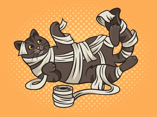 Playing Cat Tangled Wrapped Toilet Paper Pinup Pop Art Retro — 图库矢量图片