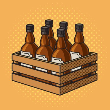 bottles of wine in a wooden box pinup pop art retro vector illustration. Comic book style imitation.