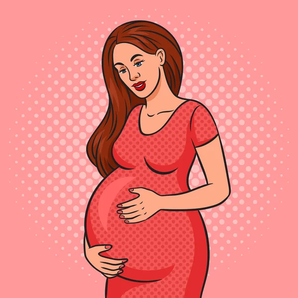 Šťastná Těhotná Žena Pinup Pop Art Retro Rastrové Ilustrace Imitace — Stock fotografie