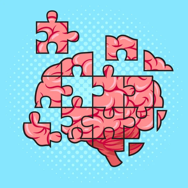 Brain Opgebouwd Uit Puzzelstukjes Pinup Pop Art Retro Raster Illustratie — Stockfoto