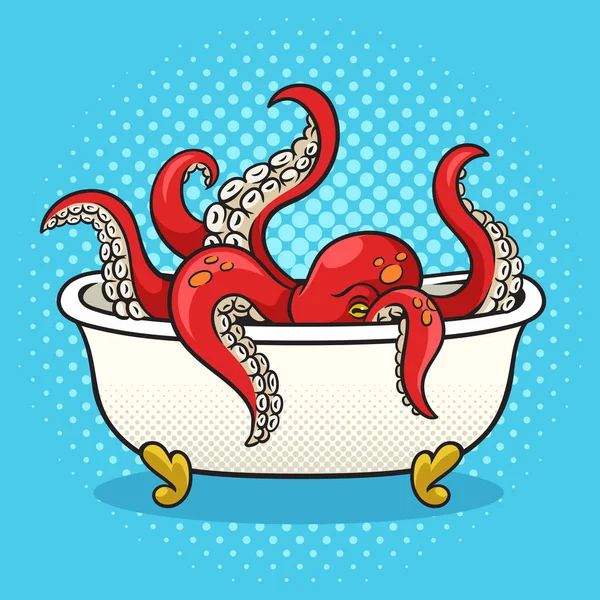 Banyodaki ahtapot pop sanat retro vektör illüstrasyonunda. Çizgi roman tarzı taklit.