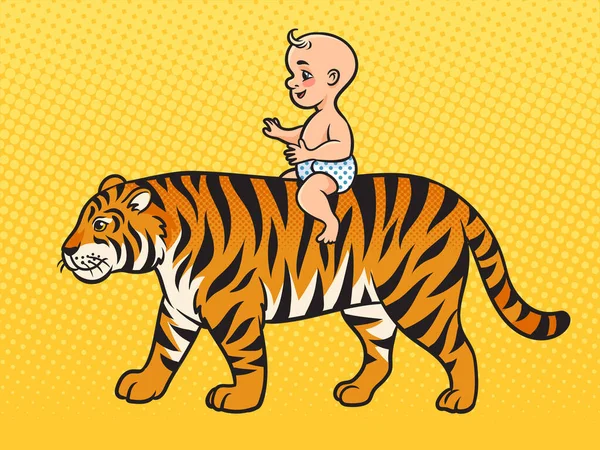 Baby Barn Ridning Tiger Pinup Pop Konst Retro Vektor Illustration — Stock vektor