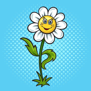 karikatür papatya çiçeği pop sanat retro vektör çizimi. Çizgi roman tarzı taklit.