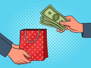 Bir maaş ve paket alışverişi için Kara Cuma mağazasına gidip pop sanat retro vektör illüstrasyonunu hazırla. Çizgi roman tarzı taklit.