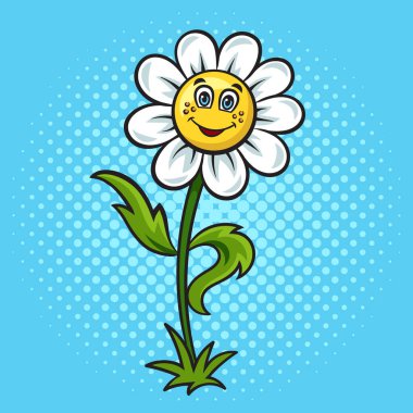 karikatür papatya çiçeği pop sanat retro-raster illüstrasyonu. Çizgi roman tarzı taklit.