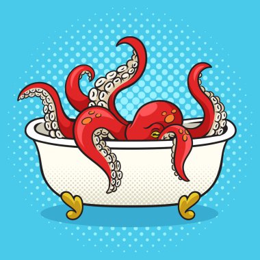 Banyodaki ahtapot, pop art retro-raster çizimi. Çizgi roman tarzı taklit.