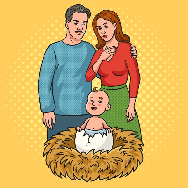 巣の中で卵と母と父の両親から生まれた赤ちゃんは ポップアートレトロなラスターイラストをピンナップ 漫画風模倣 — ストック写真