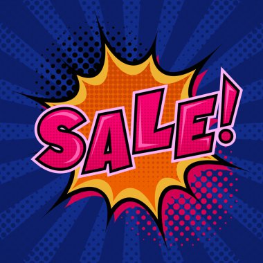 Satış afişi başlığı pop sanat retro vektör illüstrasyonu. Çizgi roman tarzı taklit.