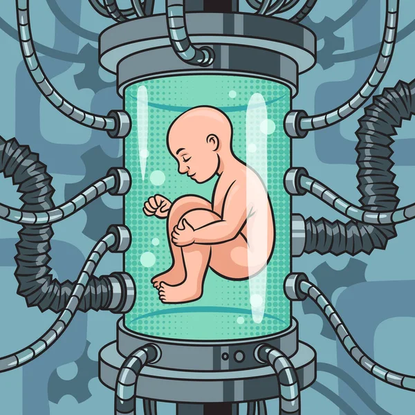 Sf研究所のピンナップポップアートレトロベクトルイラストで人工的に生まれた赤ちゃん 漫画風模倣 — ストックベクタ