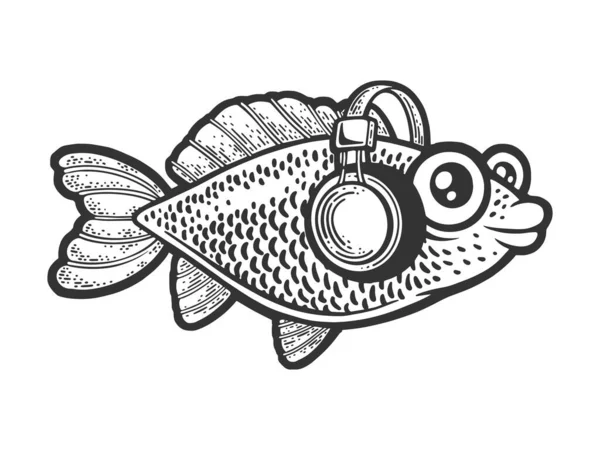 Ryby Słuchawkach Słuchających Szkicu Muzycznego Grawerowanie Wektor Ilustracji Imitacja Deski — Wektor stockowy
