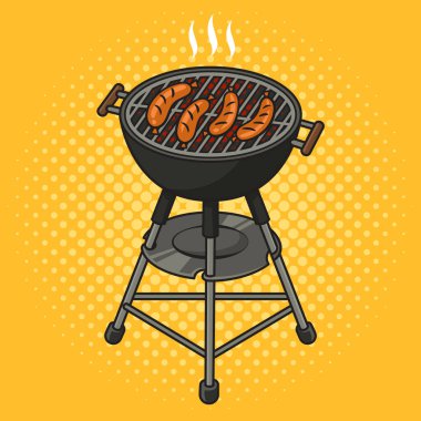 Sosisler barbeküde populer sanat retro vektör illüstrasyonunda. Çizgi roman tarzı taklit.