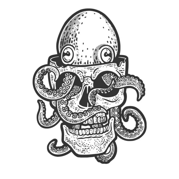 Octopus Ilustração Humana Vetor Gravura Esboço Crânio Imitação Raspadinha Imagem — Vetor de Stock