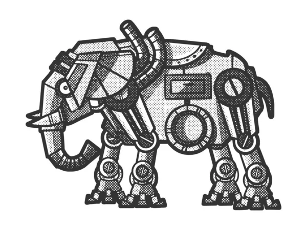 機械的な象のロボットのスケッチベクトルイラストを彫る スクラッチボードの模倣 黒と白の手描き画像 — ストックベクタ