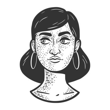 Genç, güzel bir kızın yüzü, yanlamasına çizim çiziyor. Raster çizimi. Çizik tahtası taklidi. Siyah beyaz el çizimi resim.