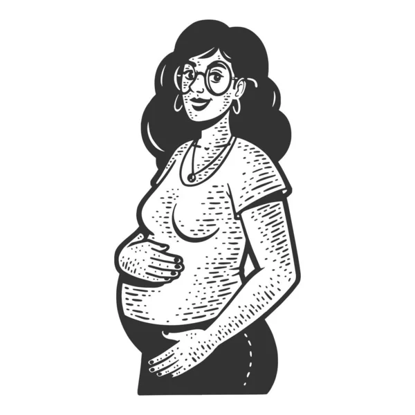 Glückliche Schwangere Frau Skizziert Rastergravur Illustration Rubbelbrett Imitat Handgezeichnetes Schwarz — Stockfoto