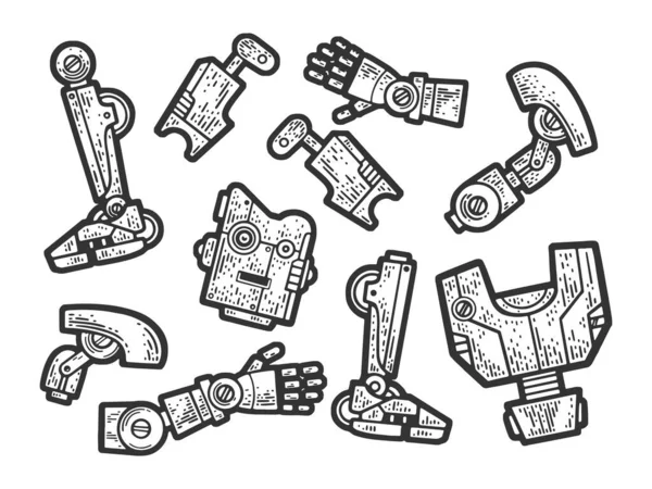 Desmontado Robô Cartoon Quebrado Esboço Gravura Raster Ilustração Imitação Raspadinha — Fotografia de Stock