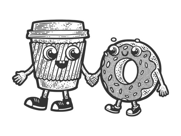 coffee and donut friends walking together sketch engraving raster illustration. Scratch board imitation. Black and white hand drawn image.