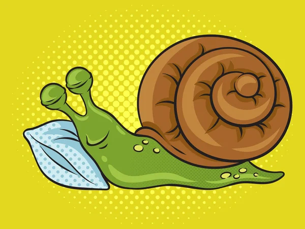 cartoon snail sleeping on pillow pinup pop art retro raster illustration. Comic book style imitation.