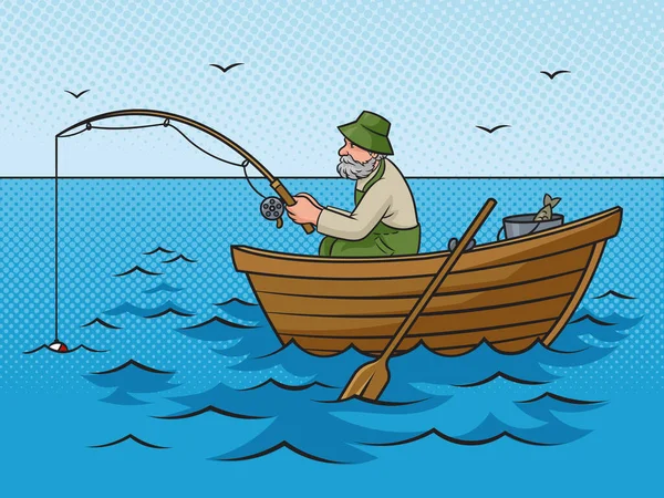 Old Man Fishing Boat Pinup Pop Art Retro Raster Illustration — Stock Photo, Image