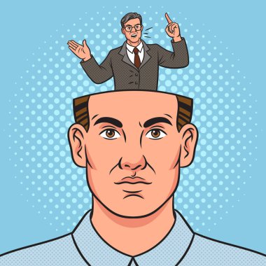 Politikacı insan kafasından konuşuyor pop sanatının retro vektör illüstrasyonu. Çizgi roman tarzı taklit.