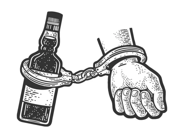 手手铐酒瓶酒精中毒比喻人质威士忌素描矢量插图 刮板仿制 黑白手绘图像 — 图库矢量图片