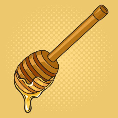 Bal kepçesi tahta kaşık pop sanat retro vektör illüstrasyonu. Çizgi roman tarzı taklit.