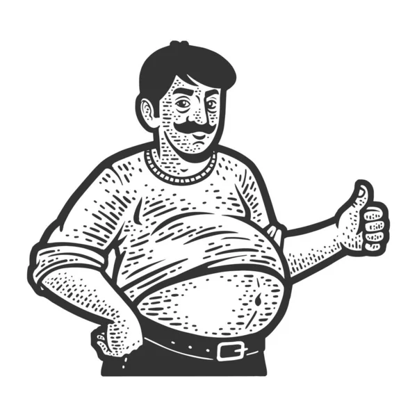 Hombre Gordo Con Barriga Cerveza Obesidad Abdominal Bosquejo Grabado Vector — Vector de stock