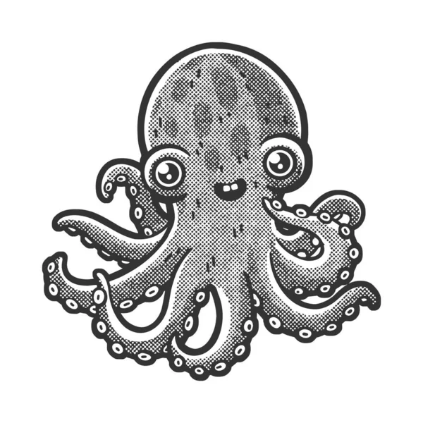 Cartoon Octopus Schets Graveren Vector Illustratie Krasplank Imitatie Zwart Wit — Stockvector