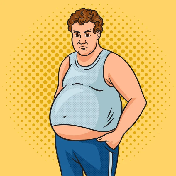 Fat man with beer belly abdominal obesity pinup pop art retro raster illustration. Comic book style imitation.