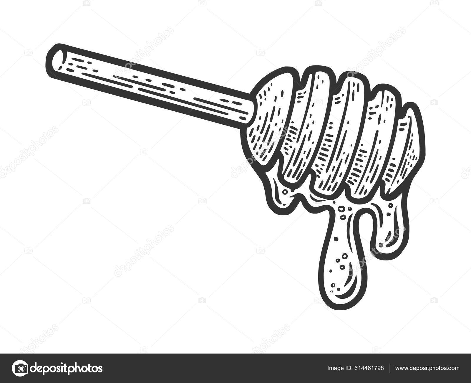 Honey Dipper Wooden Spoon Sketch Engraving Vector Illustration Scratch