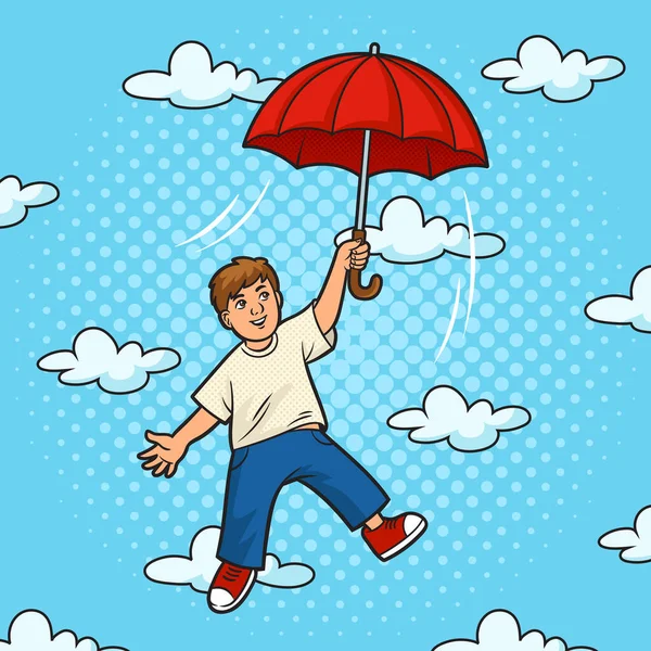 Enfant Vole Avec Parapluie Comme Pinup Parachute Pop Art Illustration — Image vectorielle