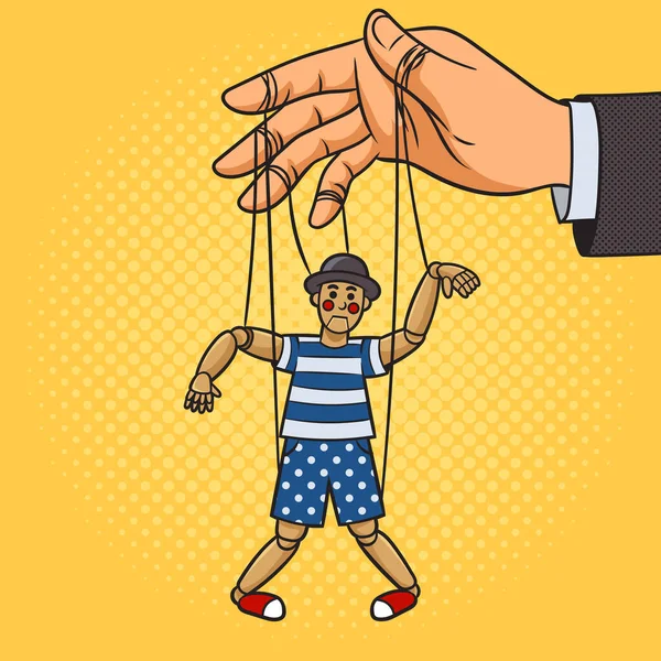 人形は人形遣いの手に紐で吊るされてるポップアートのレトロなベクトルイラスト 漫画風模倣 — ストックベクタ