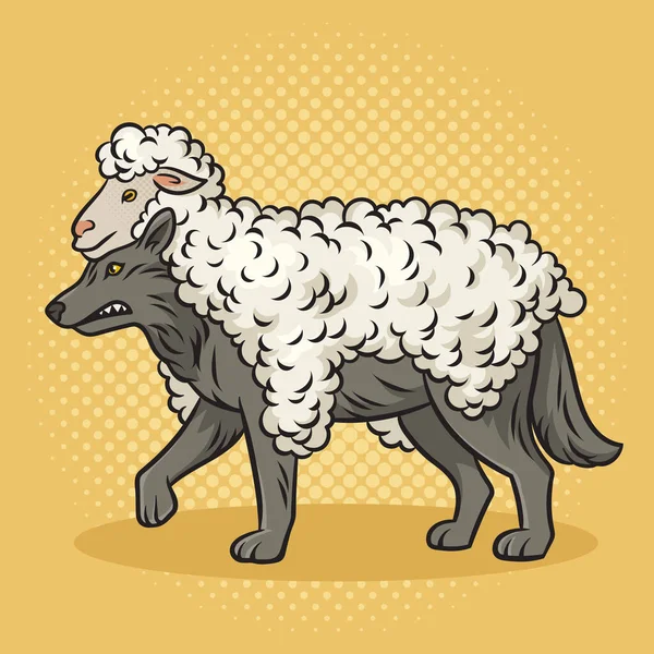 羊の服のオオカミのピンナップポップアートレトロベクトルイラスト 漫画風模倣 — ストックベクタ