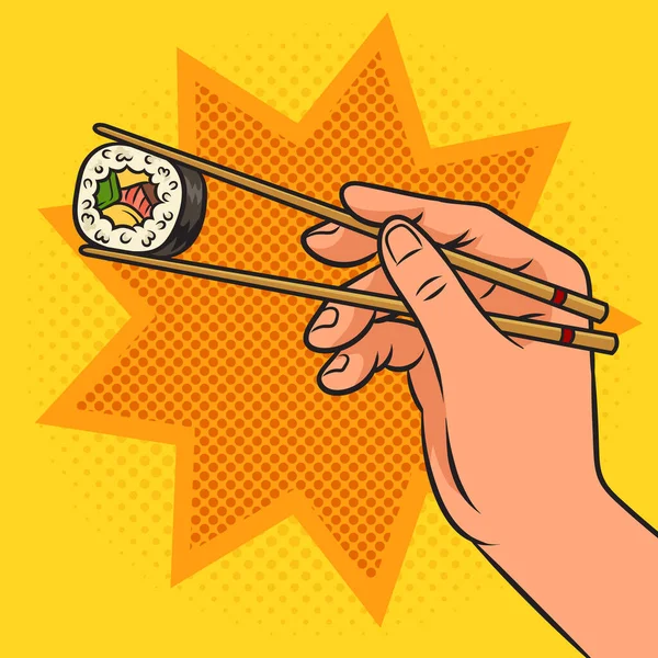 Ruka Drží Sushi Roll Hůlkami Pinup Pop Art Retro Vektorové — Stockový vektor