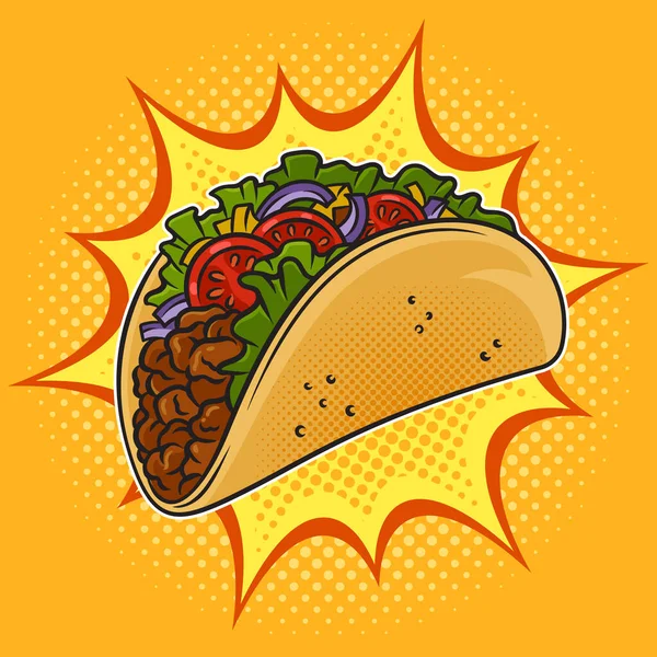 Taco Tradicional Comida Mexicana Pinup Pop Arte Retro Vetor Ilustração — Vetor de Stock