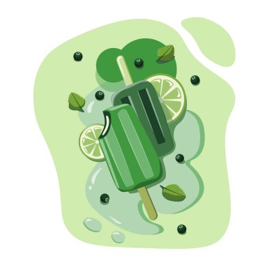 Limonlu ve naneli yeşil dondurma, vektör çizimi. Tek Renkli