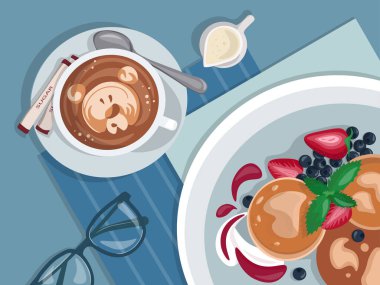 Kahve, peynirli kek ve böğürtlenli kahvaltı, grafikler.