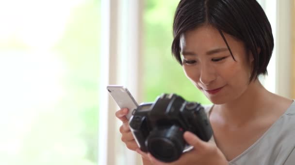 Uma Mulher Visualizando Imagens Tiradas Com Uma Câmera Reflexa Lente — Vídeo de Stock