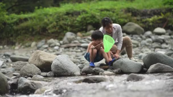 在河里玩耍的父母和孩子 — 图库视频影像
