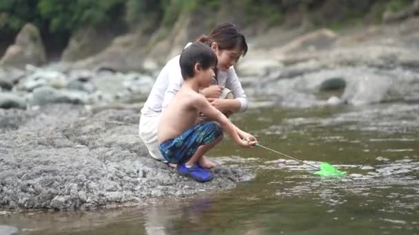 Eltern Und Kinder Spielen Fluss — Stockvideo