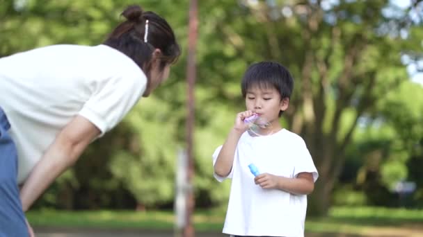 Eltern Und Kinder Spielen Mit Seifenblasen — Stockvideo