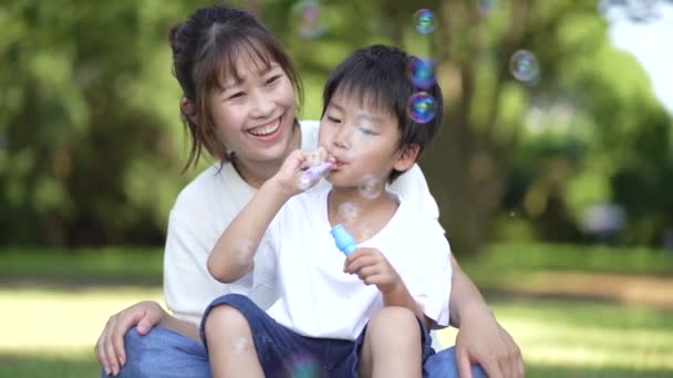 Eltern Und Kinder Spielen Mit Seifenblasen — Stockvideo