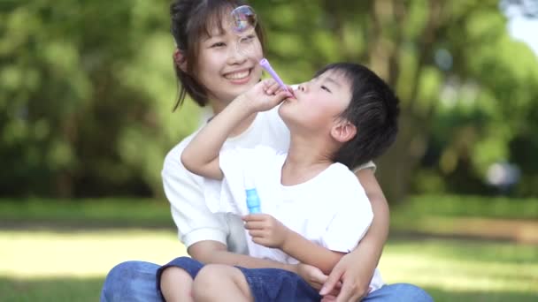 Orangtua Dan Anak Anak Bermain Dengan Gelembung Sabun — Stok Video