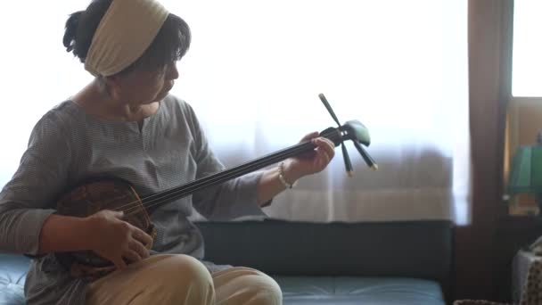 Woman Practicing Playing Sanshin — Stockvideo