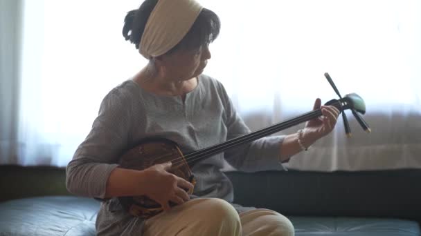 Woman Practicing Playing Sanshin — Stockvideo