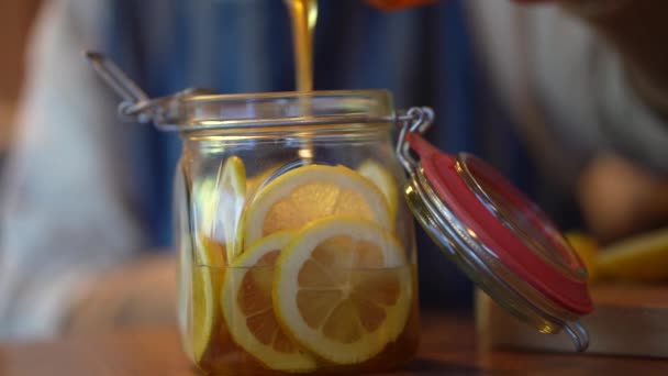 Woman Making Honey Pickles Lemon — Stok video