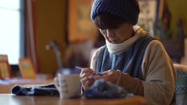 Female Hand Knitting Neck Warmer — стоковое видео